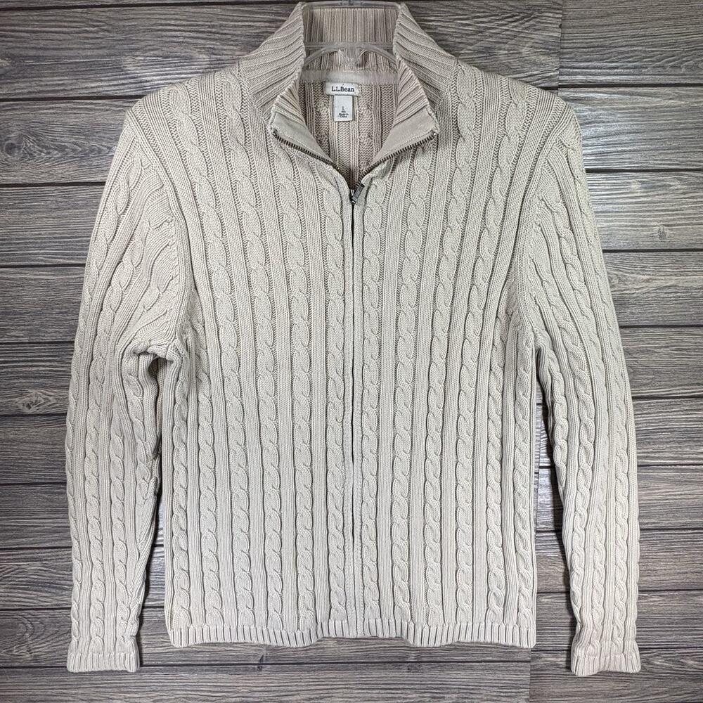 LL Bean Cable Knit Zip Up Sweater Tan Women's Large Fisherman Chunky Classic
